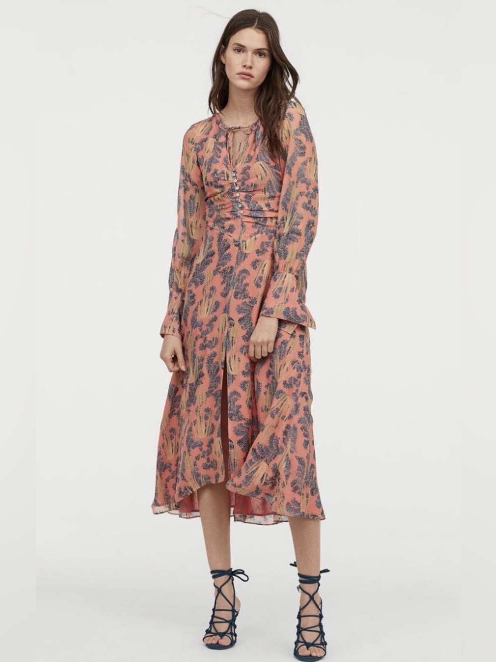 H&M SS19 Conscious Exclusive Coral Patterned Organic Silk Dress Size 6 Botanical